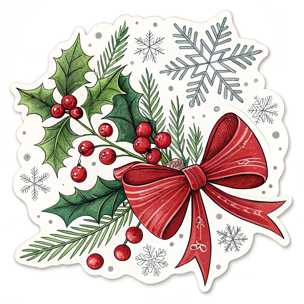 The image shows a festive Christmas sticker featuring holly leaves, berries, and snowflakes, all tied together with a red ribbon. The leaves are a deep green color, the berries are a bright red, and the snowflake is a light silver. The background is a crisp white, making the colors of the sticker stand out.