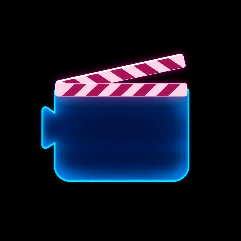 The image shows a movie clapboard icon on a black background, with a blue and pink color scheme.