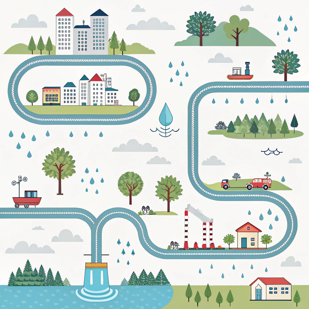 A pattern illustrating the journey of water, from natural sources through city systems and usage, to conservation methods like rainwater harvesting, emphasizing water's value and conservation.