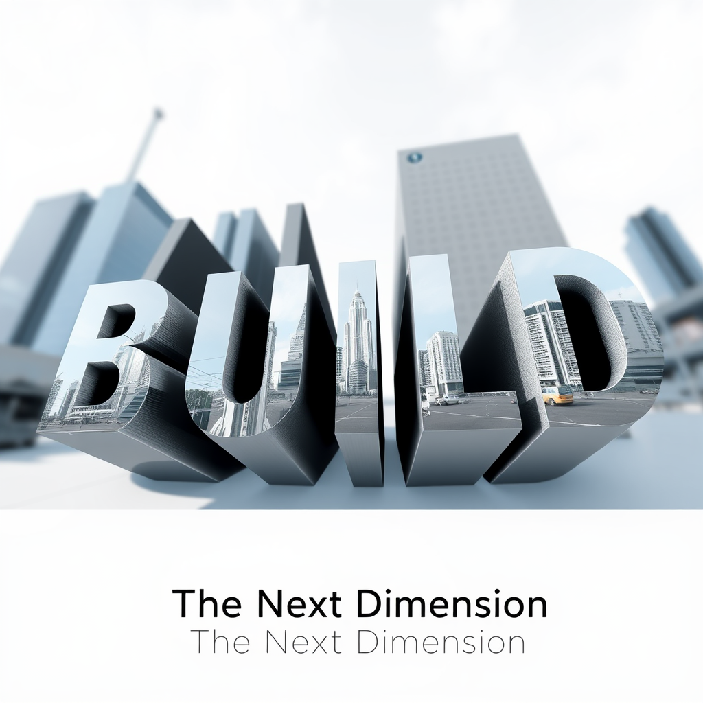 Sub-Design Idea 4 (Anamorphic Typography Illusion): The words 'BUILD' or 'B 2025' are designed using anamorphic techniques, so they appear coherent, three-dimensional, and legible only when viewed from a particular angle. This directly visualizes the theme of 'perspectives.' The tagline 'The Next Dimension' could be presented in a more conventional, legible typeface as a supportive element.
