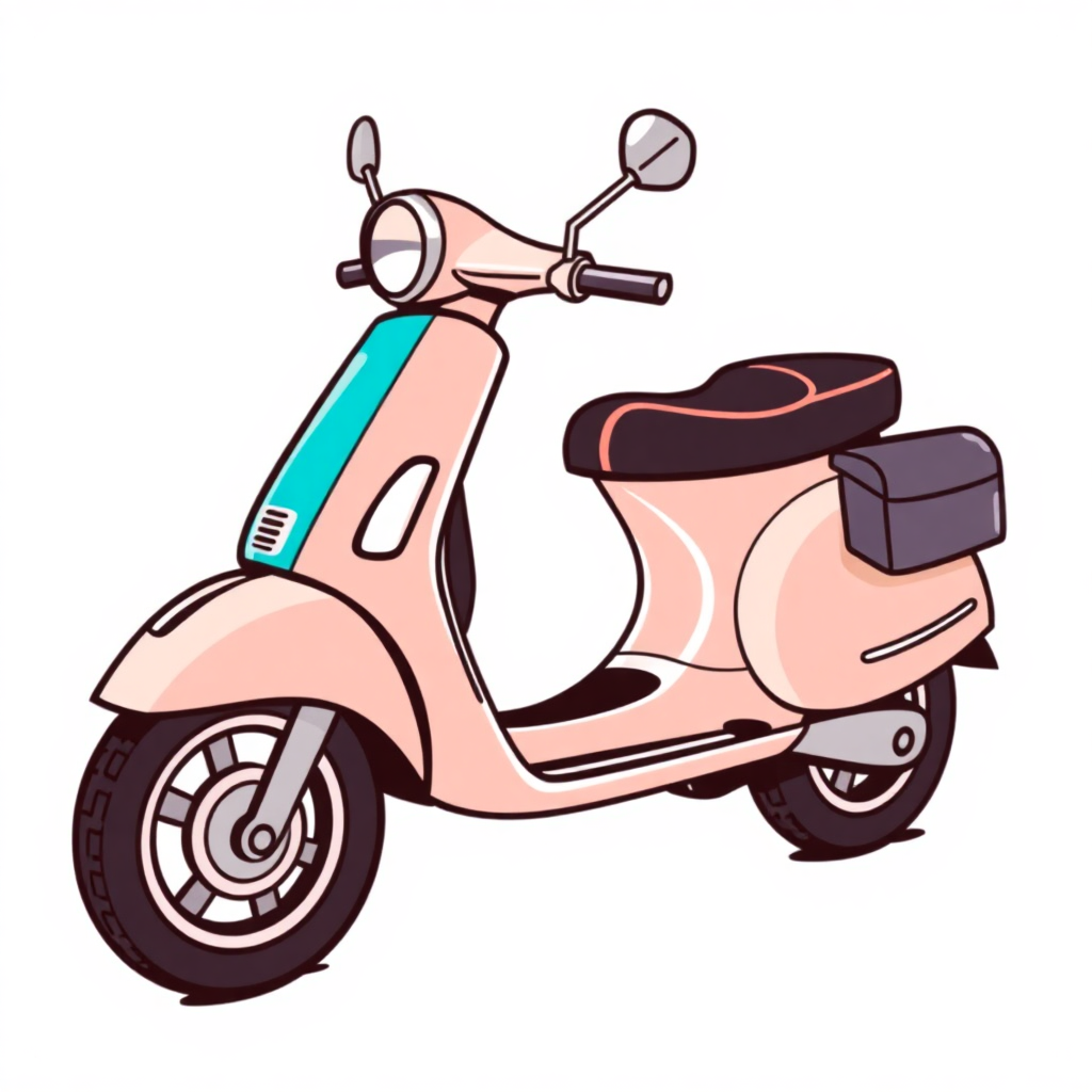 The image is a digital illustration of a pink scooter. The scooter has a round headlight and two side mirrors on the front. The body of the scooter is painted in a light pink color with a blue stripe running along the side. The seat is black and there is a small storage compartment on the right side of the seat. The wheels are black with silver rims. The background is white.