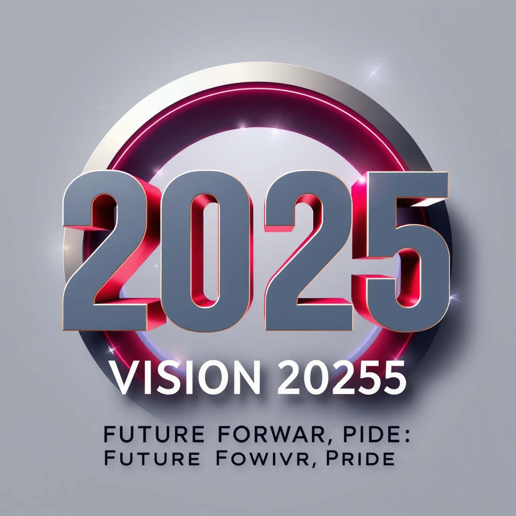 Futuristic Typography Portal: The year '2025' is designed with bold, dimensional typography that appears as an opening or portal. The theme 'Vision 2025: Future Forward Pride' is integrated subtly using sleek, modern fonts and light effects.