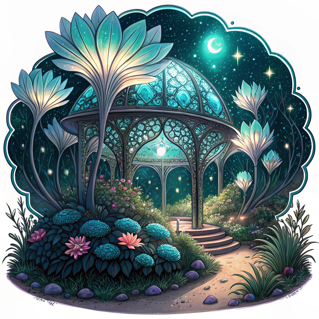 Bio-Luminescent Kinetic Garden: Imagine the Kinetic Stage structure intertwined and overgrown with giant, fantastical, bioluminescent flowers and ethereal, glowing flora, all set under a mystical starry night sky, as if nature is dreaming up the stage.