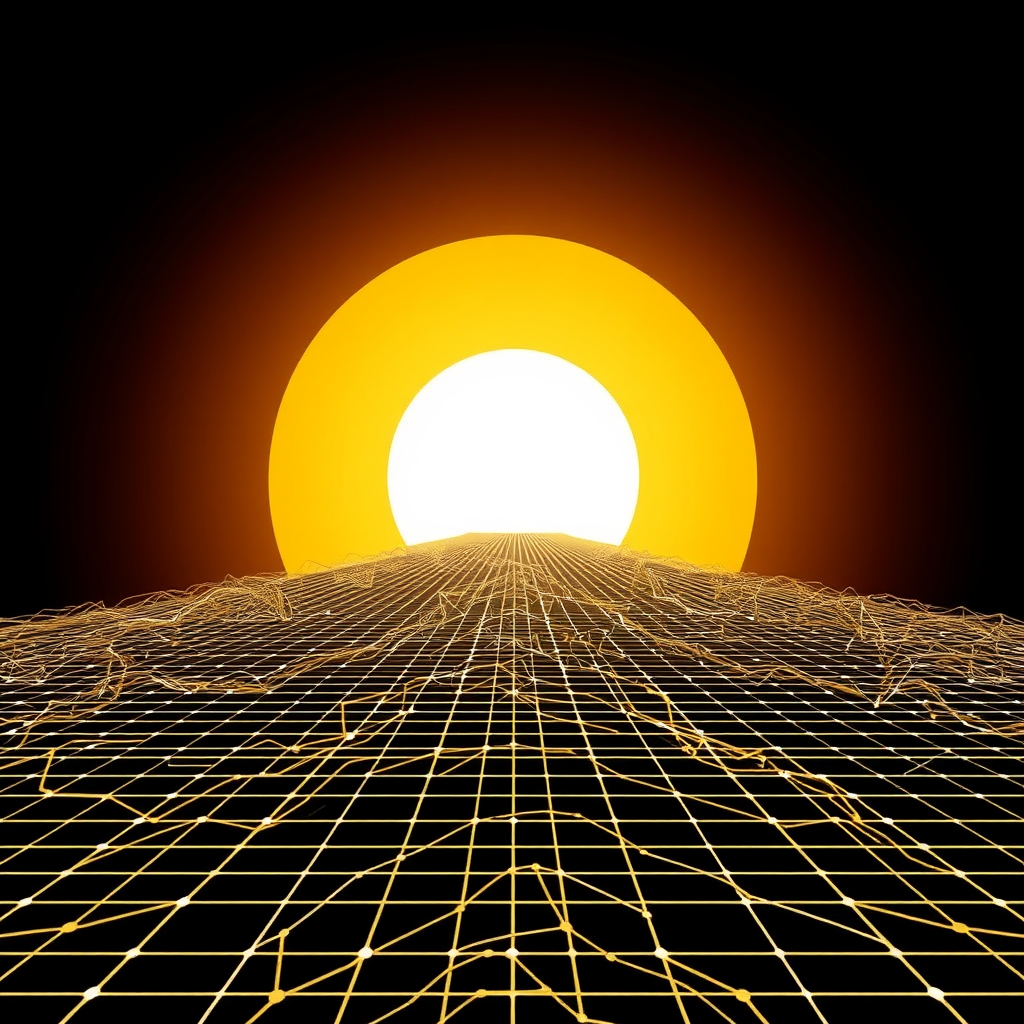Neural Network Horizon: A stylized neural network path extending towards a vanishing point on an endless gridded canvas, symbolizing AI's exploration of infinite creative space.