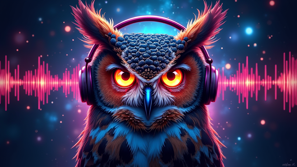 Cosmic DJ Owl: An owl depicted wearing headphones, its eyes glowing with a sound spectrum analyzer effect. Soundwaves emanate from the owl or headphones, transforming into cosmic nebulae or starry patterns, possibly with a subtle daisy emblem.