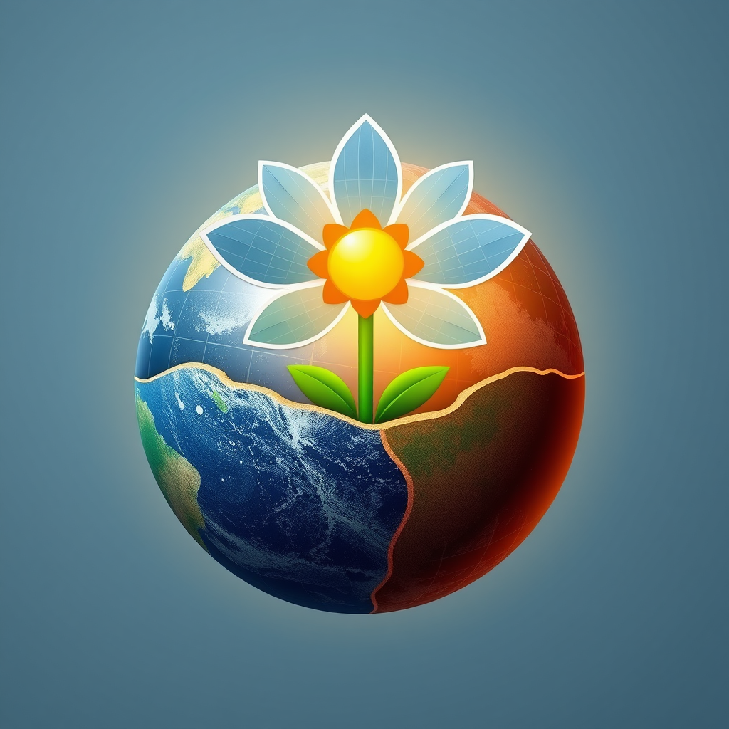 Design concept 4: An image of the Earth from which a stylized flower is blooming. The petals of the flower are shaped like solar panels, and the center of the flower glows warmly, signifying life and energy from sustainable sources.