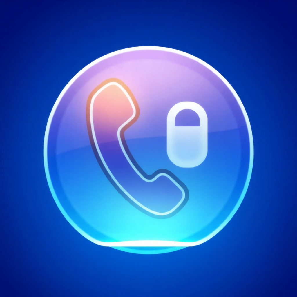 The image is a digital illustration of a phone receiver icon. The phone receiver is in the center of the image, with a blue and pink gradient background. The receiver is curved and has a small white padlock on the right side. The padlock is outlined in white and appears to be made of a transparent material. The background is a solid blue color. The overall design is modern and minimalistic.