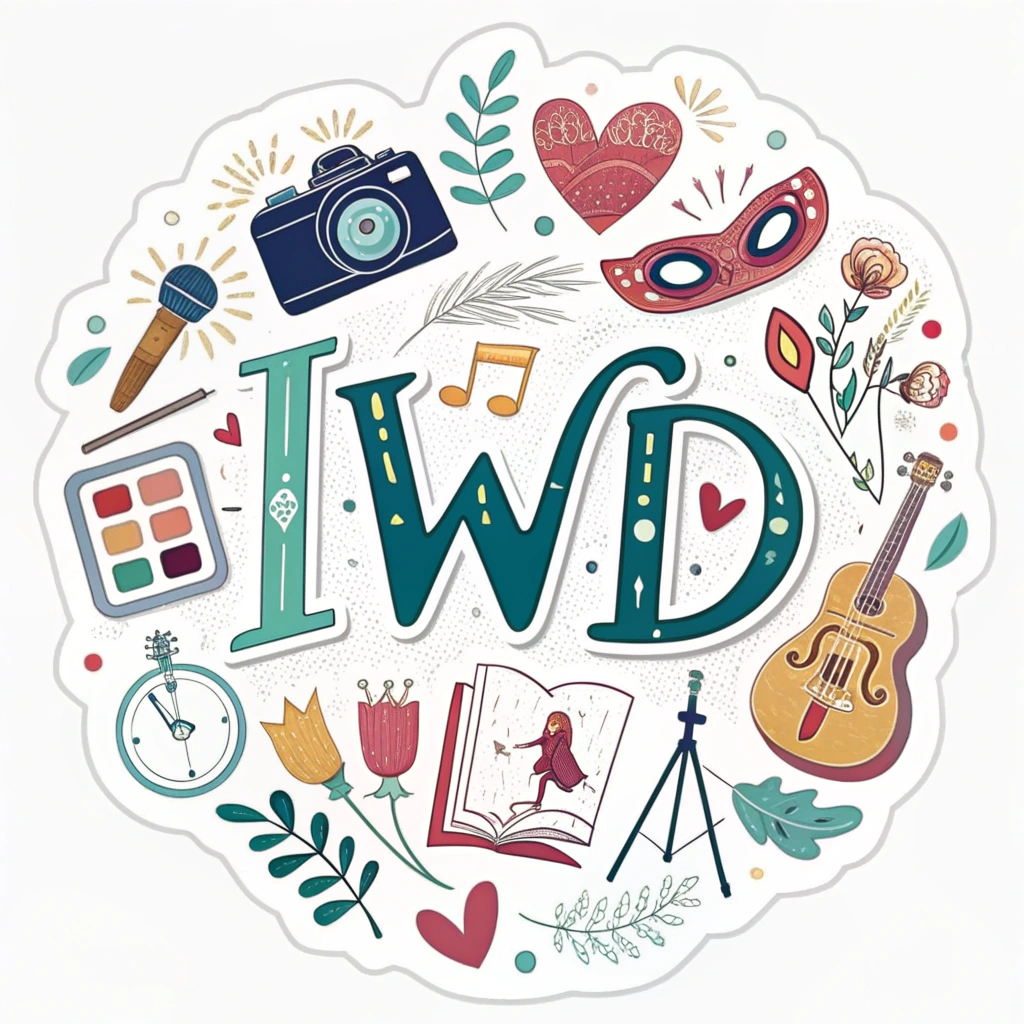 A typographic logo with 'IWD' creatively integrated with art-related symbols like paint palettes, cameras, or musical instruments.