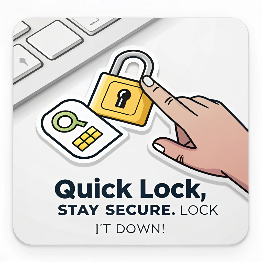 Sub-Design Idea 2: A design focusing on the action of locking, perhaps showing a finger pressing a key with a lock symbol (e.g., Win+L or Cmd+Ctrl+Q), and the text 'Quick Lock, Stay Secure. Lock It Down!'