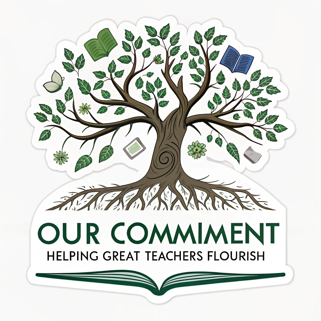 Growing Roots: Illustrate a strong tree with deep roots and leaves shaped like open books, symbolizing stability and growth. Text: 'Our Commitment: Helping Great Teachers Flourish.'