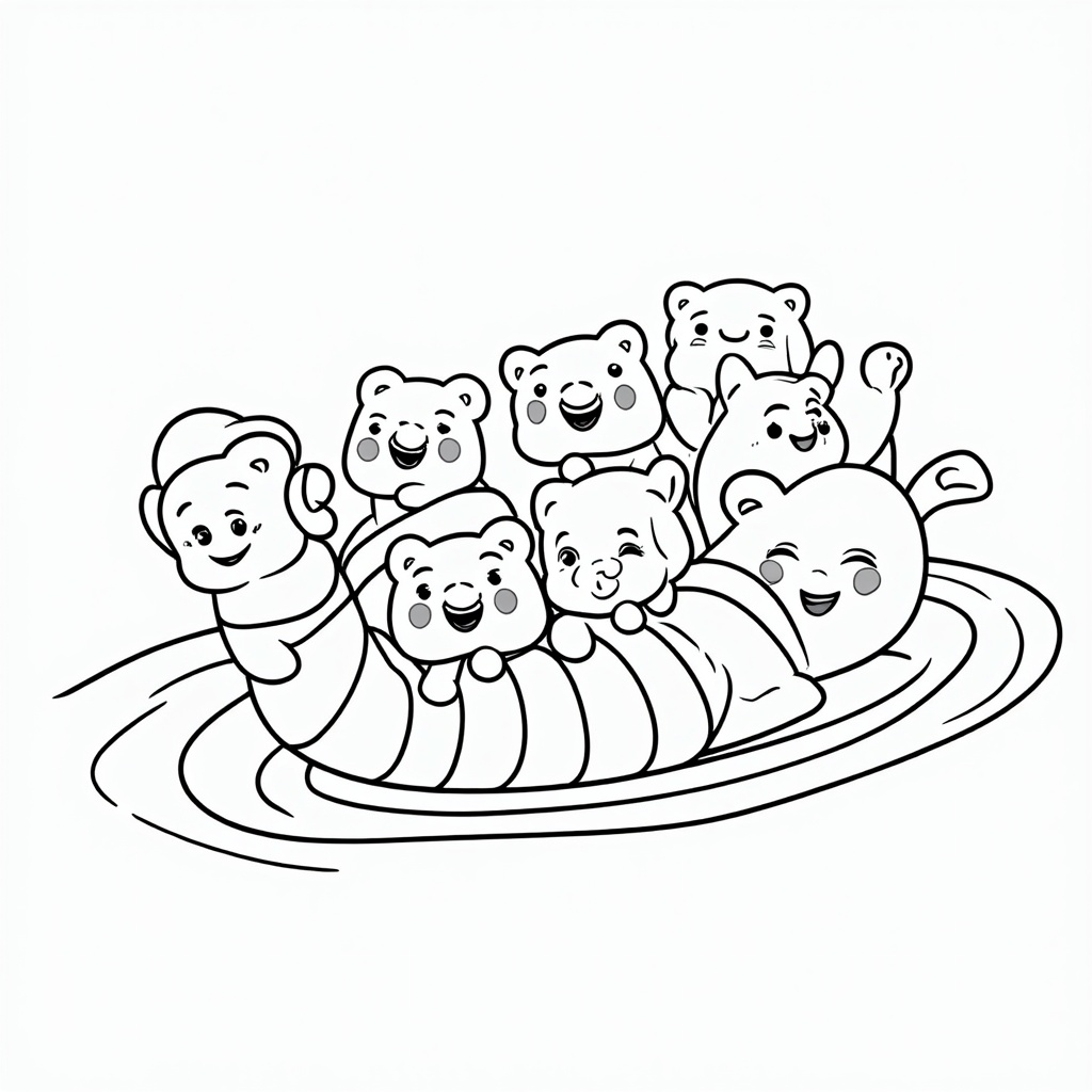 Several baby gummy bears joyfully riding on the back of a larger, friendly gummy worm, like a playful rollercoaster.