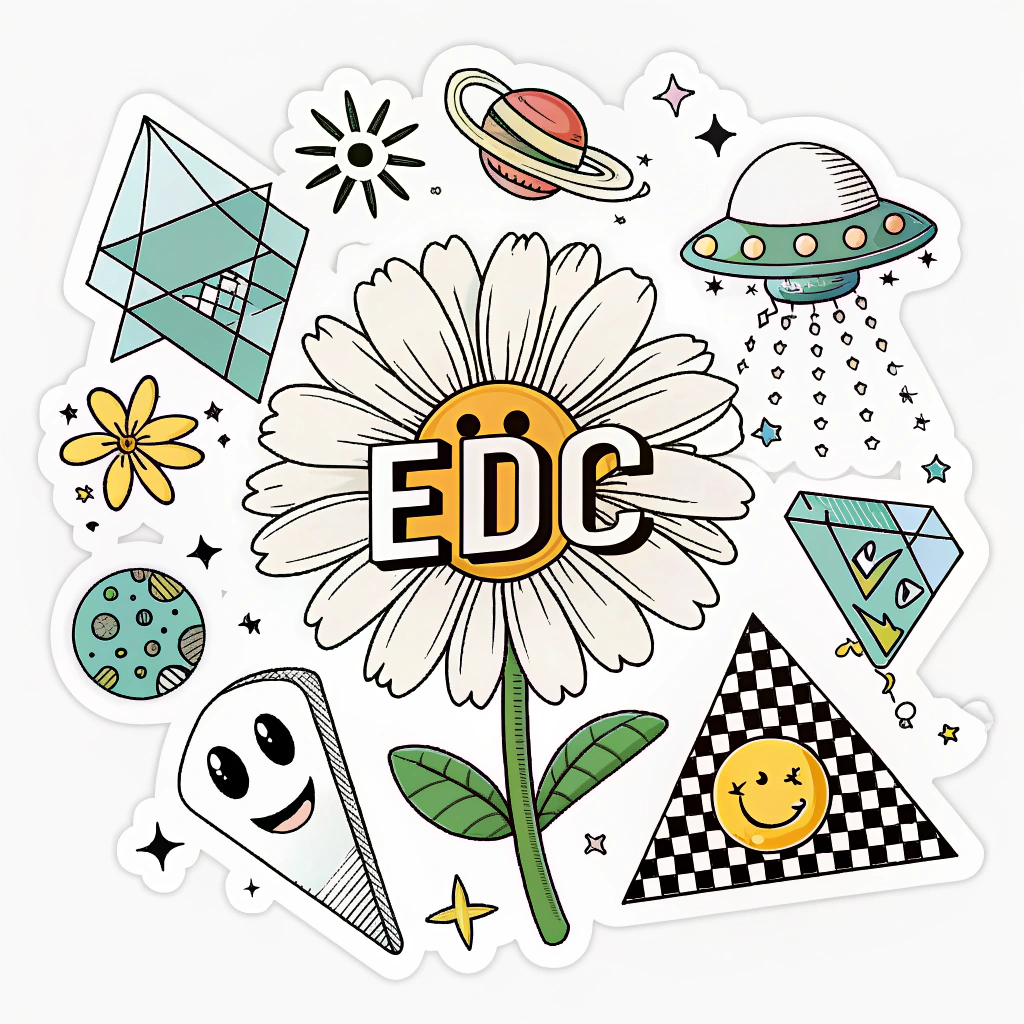 Sub-design Idea 5: Retro Rave Flyer Pixel Daisy - A central pixel daisy accompanied by design elements from vintage rave flyers, such as pixelated geometric shapes (triangles, checks), blocky futuristic text for 'EDC', and classic rave icons like pixel smileys or UFOs.