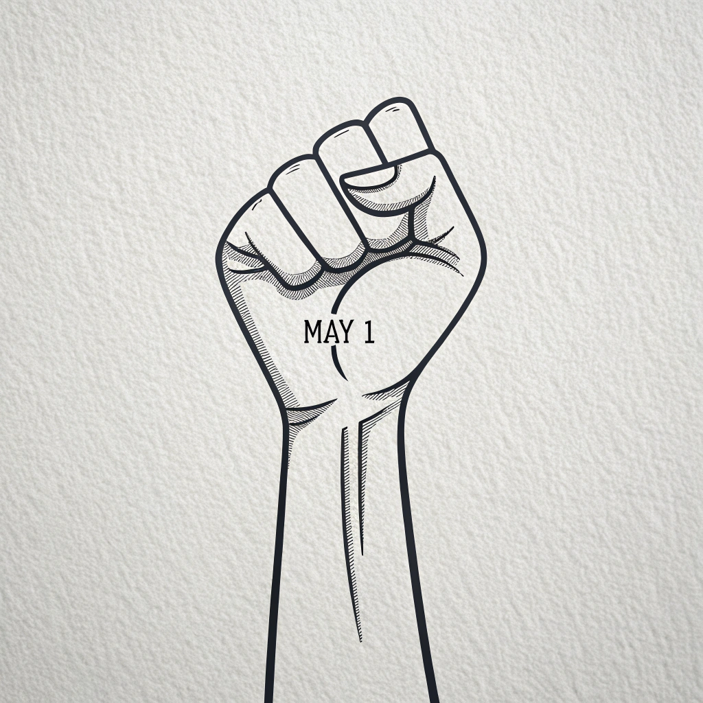 Design 5: A minimalist line-art raised fist, with the date 'May 1' subtly integrated into the lines of the arm.