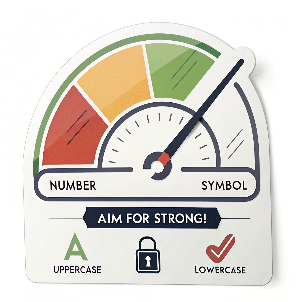 Password Meter Graphic: A sticker designed like a password strength meter, with the indicator firmly in the 'Strong' (green) zone. Include small icons below for 'Uppercase', 'Lowercase', 'Number', 'Symbol'. Text: 'Aim for Strong!'