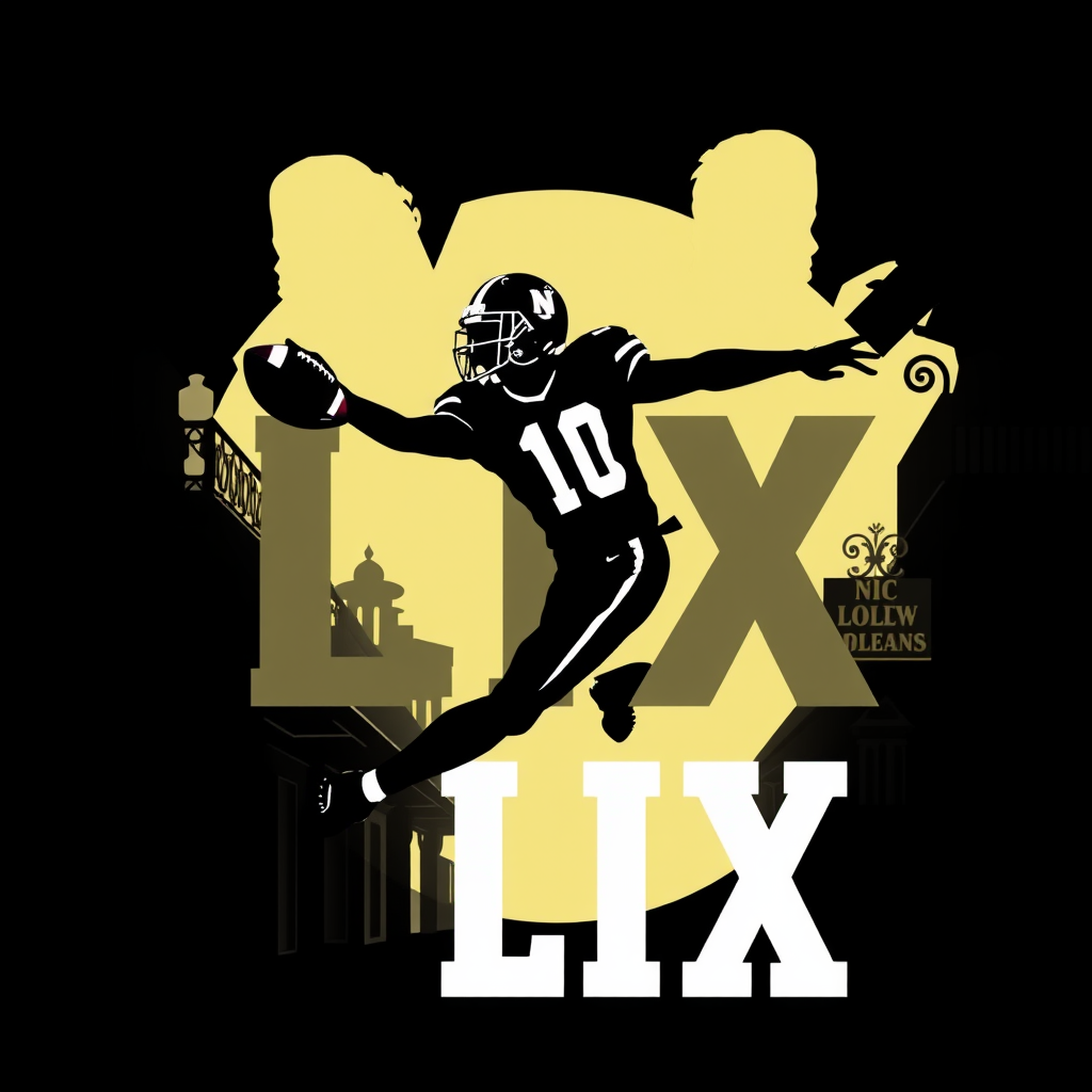 A dynamic silhouette of a football player in an action pose (e.g., catching, running, or throwing) against a stylized backdrop that incorporates elements of New Orleans architecture, such as wrought iron details or French Quarter building outlines. 'LIX' could be boldly displayed using a font inspired by NOLA's unique typography or integrated into the sports action.