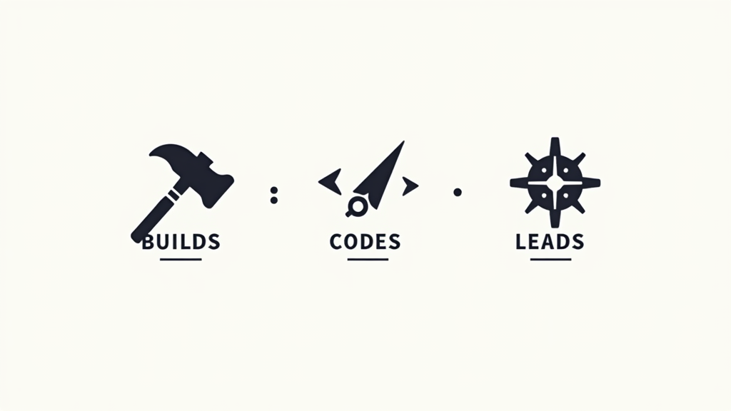 Minimalist Icon Trio: Design three distinct, modern minimalist icons for 'Builds' (e.g., stylized gear/hammer), 'Codes' (e.g., `< >` symbol/cursor), and 'Leads' (e.g., compass arrow/leading figure). Place these alongside or integrated with their respective words in the tagline.