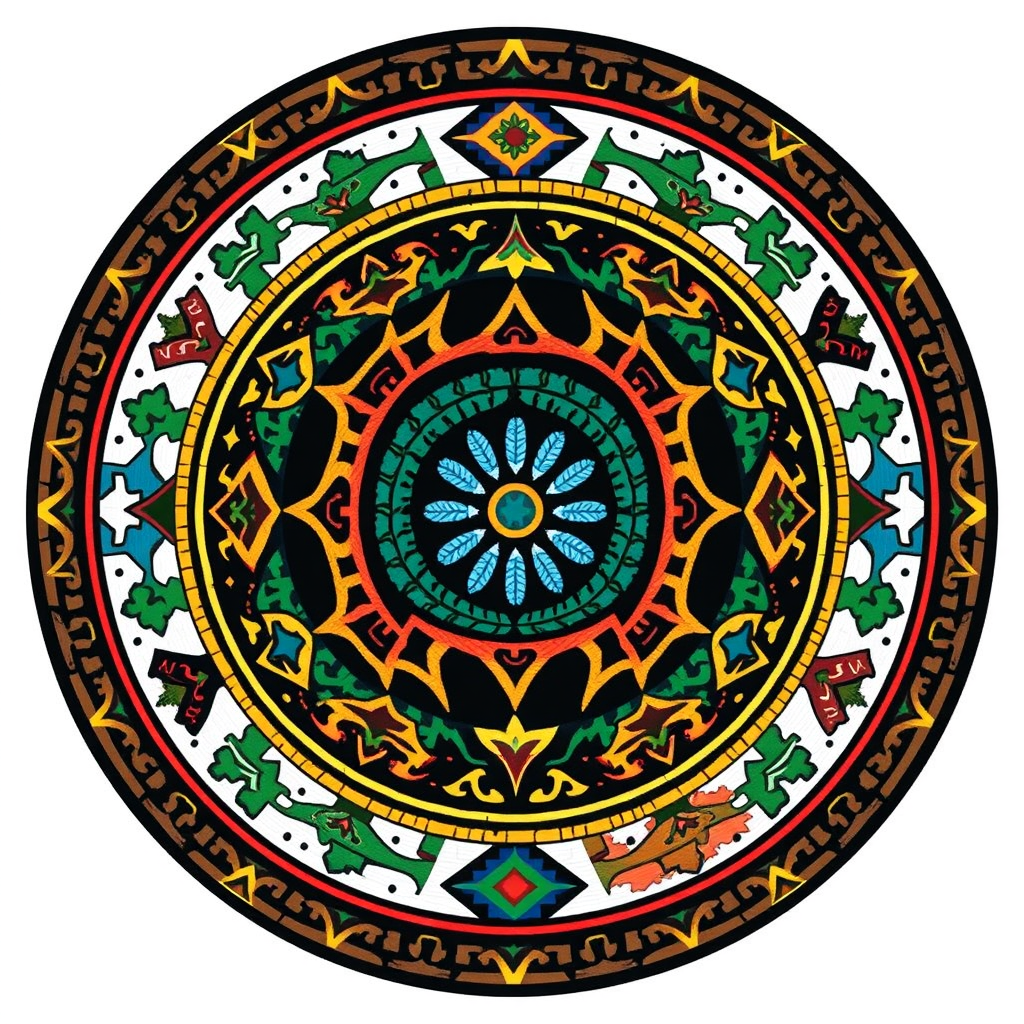 Global Tapestry: A stylized globe or abstract circular form composed of interwoven iconic patterns and design elements from diverse cultures, symbolizing unity and interconnectedness in design.