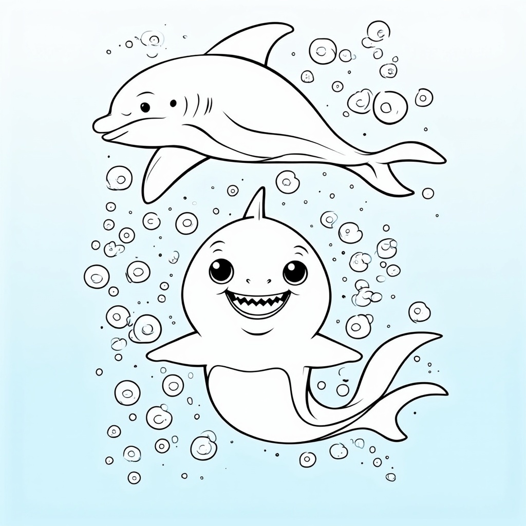 A playful baby shark surrounded by bubbles, with a dolphin friend diving above it through an azure sea.