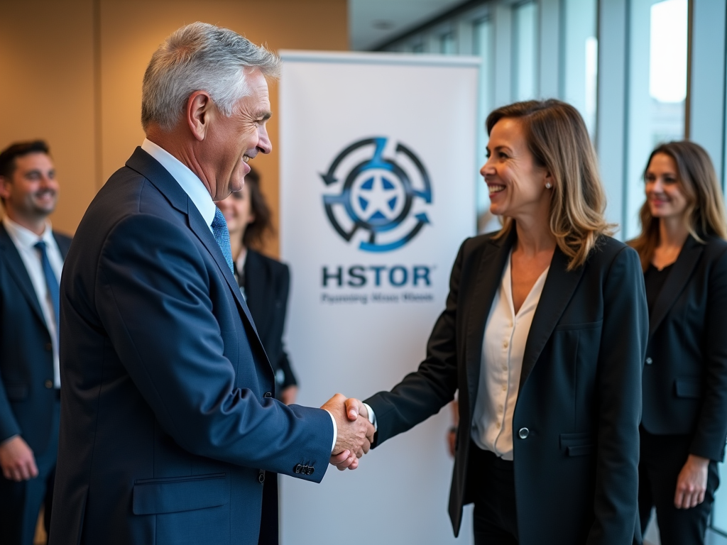 A handshake between a senior government official and a corporate representative, symbolizing a successful public-private partnership at a signing event.