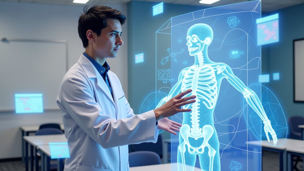A medical student explores a life-sized, AI-generated 3D holographic anatomy model, with AI data streams providing interactive insights for education.