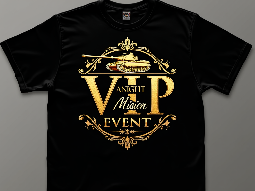 Design Idea 3: An elegant 'VIP Event' style design with sophisticated typography for 'Master P's Golden Tank Anniversary Bash'. A refined, smaller golden tank emblem acts as a seal or motif. Consider a black shirt with gold foil print for a luxurious feel.