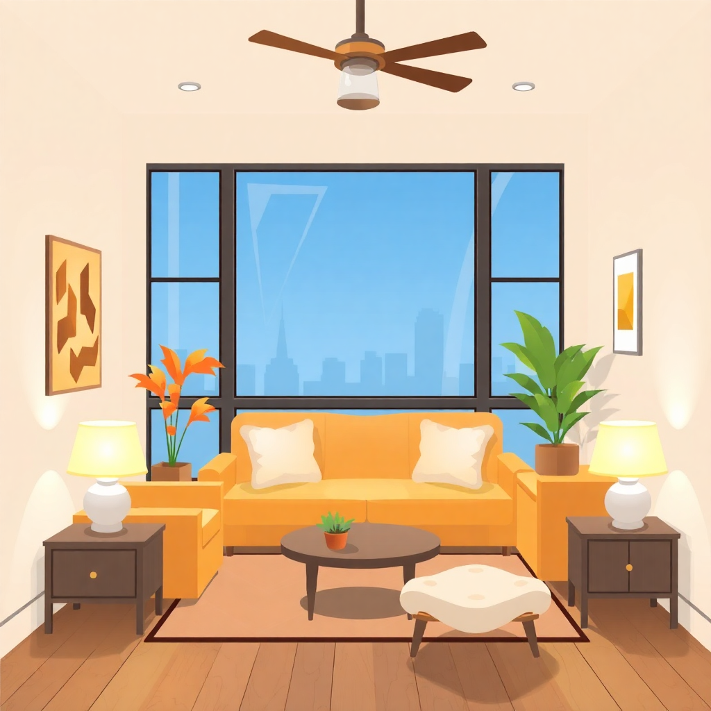  a modern living room with a large window that offers a view of the city skyline. The room has a wooden floor and white walls. There is a yellow sofa with white throw pillows in the center of the room, a round coffee table in front of it, and two side tables with lamps on either side. On the left side of the sofa, there is a vase with orange flowers and a potted plant. Above the coffee table, there are two framed pictures hanging on the wall. The ceiling has a ceiling fan with a light fixture.