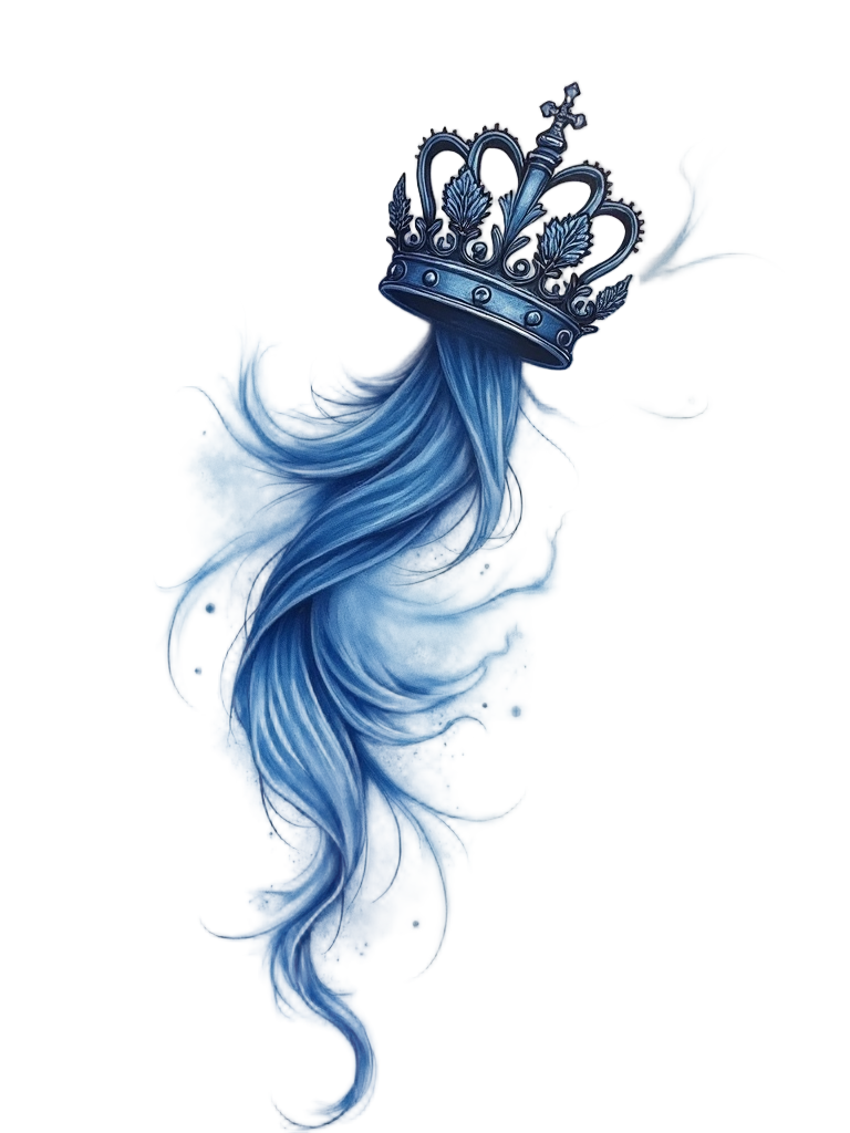 An alluring blue ink crown tattoo on the side of the ribcage, enhancing the fluidity of the body's movement with its graceful lines.