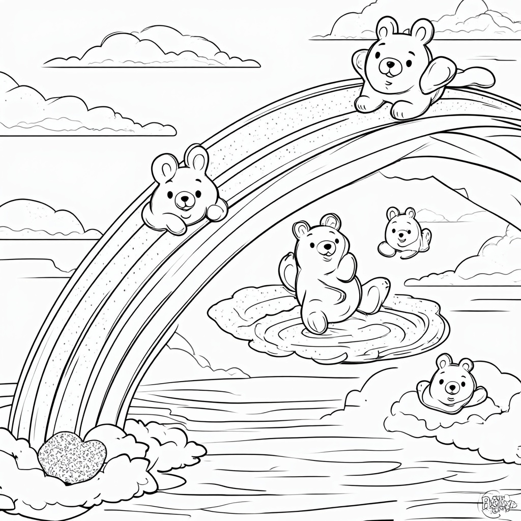Sliding Down the Rainbow Fun: A dynamic coloring page capturing gummy bears joyfully sliding down different colored bands of the rainbow. Illustrate various playful poses – some on their tummies, others feet-first, perhaps leaving subtle trails of edible glitter (to be imagined by the colorer). Fluffy, inviting clouds should be at the 'landing zones' of these rainbow slides.