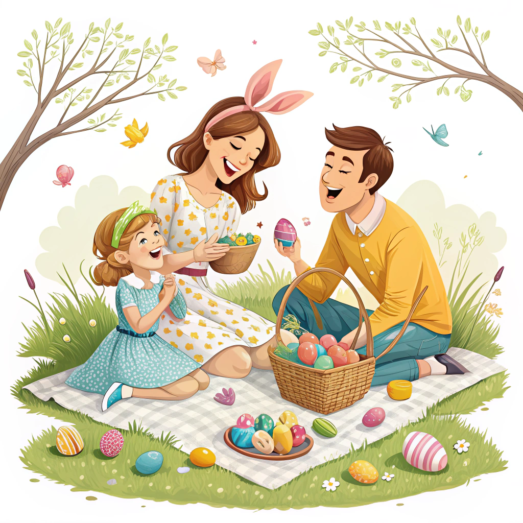 A sticker depicting a family enjoying an Easter Monday picnic in a park, with Easter eggs and baskets scattered around.