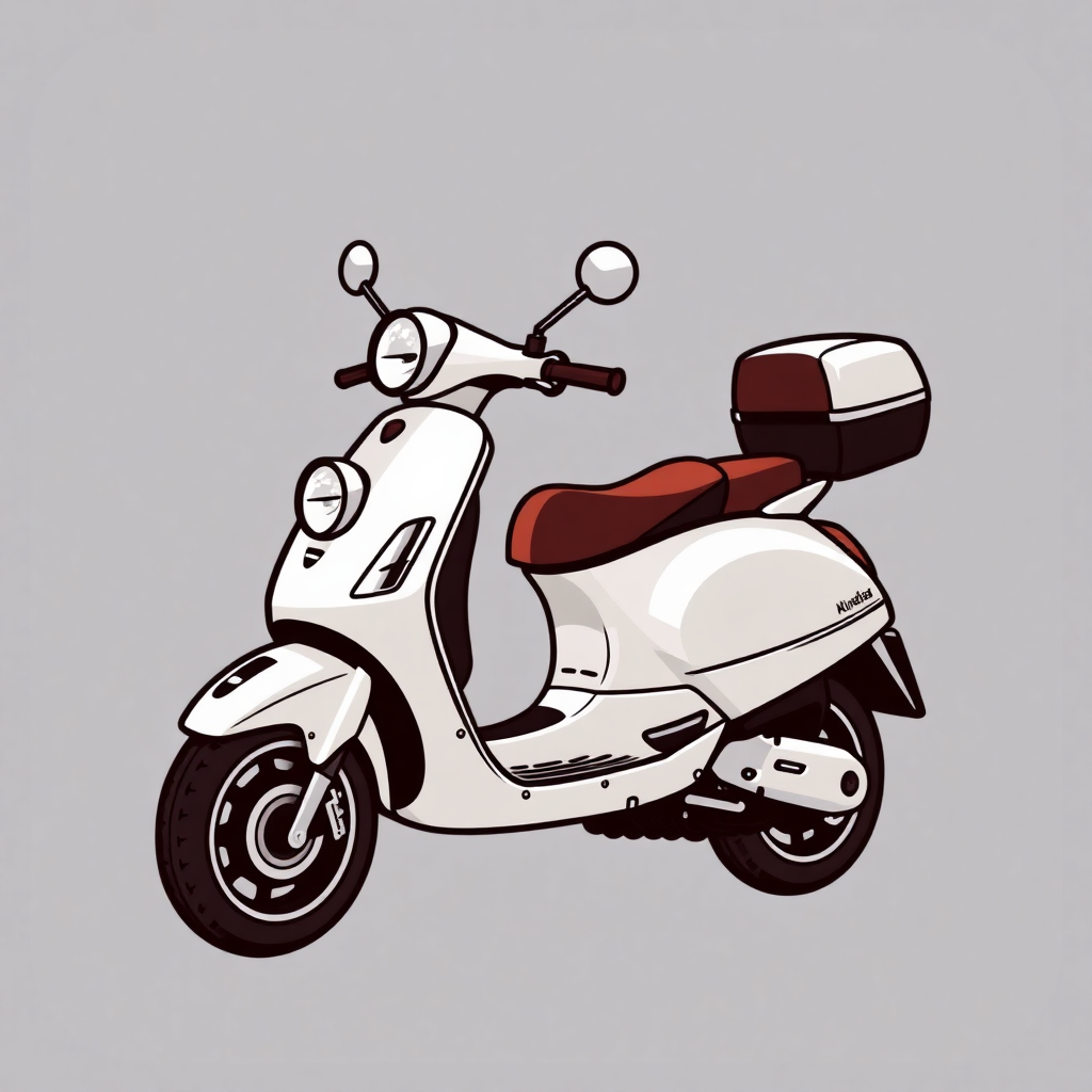 The image is a digital illustration of a white scooter with a red seat and a black box on the back. The scooter has a round headlight and two round mirrors on the front. The handlebars are curved and the seat is upholstered in a dark red fabric. The wheels are black with silver rims. The background is a light grey color. The overall style of the illustration is simple and minimalistic.