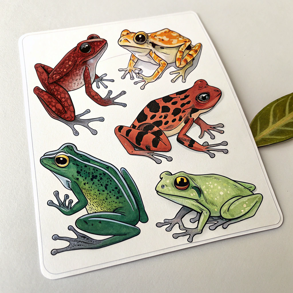A sticker sheet featuring individual cut-outs of 5-6 distinct frog species (e.g., Red-Eyed Tree Frog, Poison Dart Frog, Goliath Frog, Glass Frog, Horned Frog) rendered in a colourful, slightly stylized illustration style.