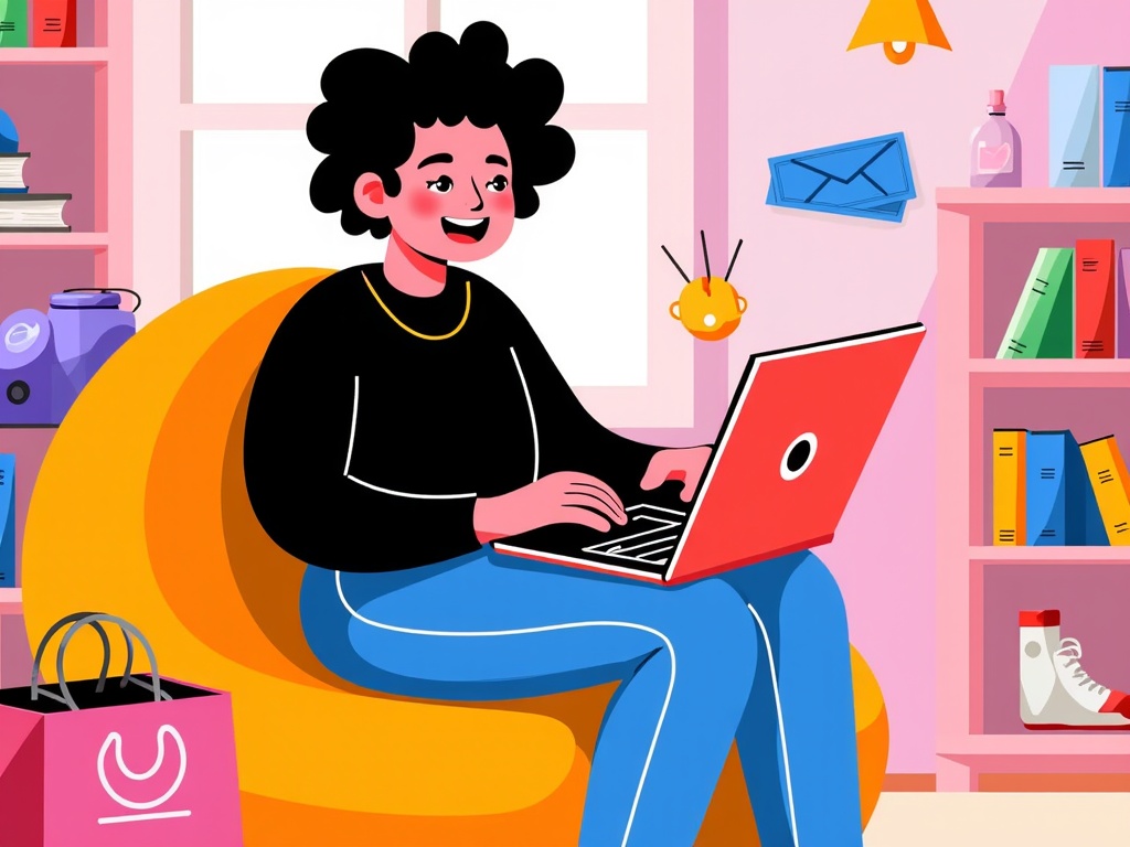  a young woman sitting on a yellow armchair in a room with pink walls and shelves. She is wearing a black sweater and blue pants and has curly black hair. On the laptop in front of her, she is typing away with a smile on her face. There is a pink shopping bag on the floor next to her. The shelves behind her are filled with books, toys, and other items. There are also a few decorative items hanging on the wall. The overall style of the illustration is cartoon-like and playful.