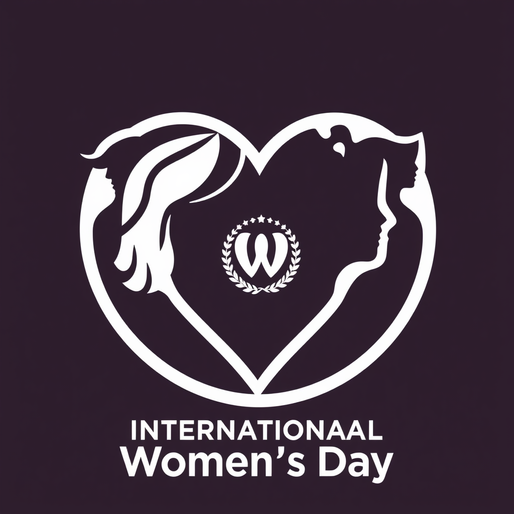 A heart shape formed by interconnected female silhouettes, with the International Women's Day symbol incorporated within the design.