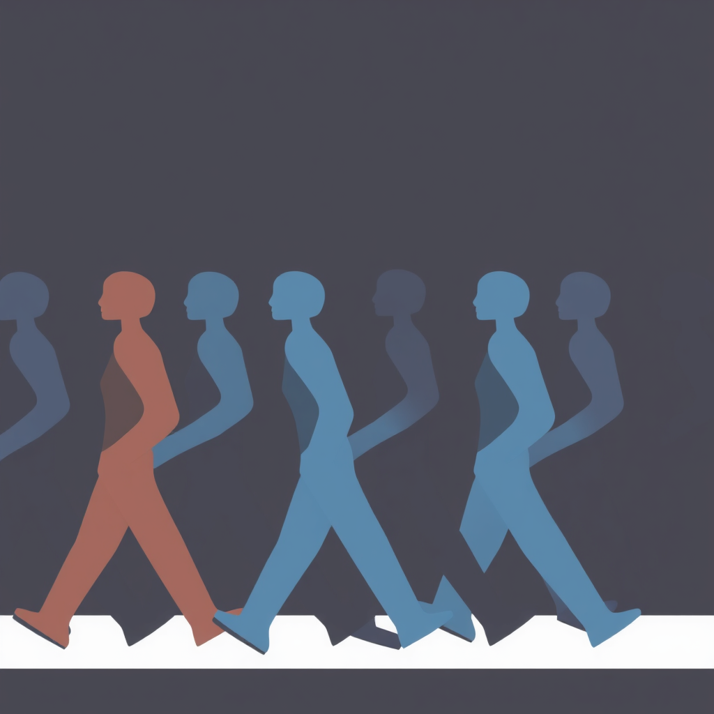 A sequence of simplified human figures depicted in mid-stride, creating a visual rhythm of a continuous and determined march. Figures could slightly overlap or be connected, emphasizing solidarity and collective dynamic motion.