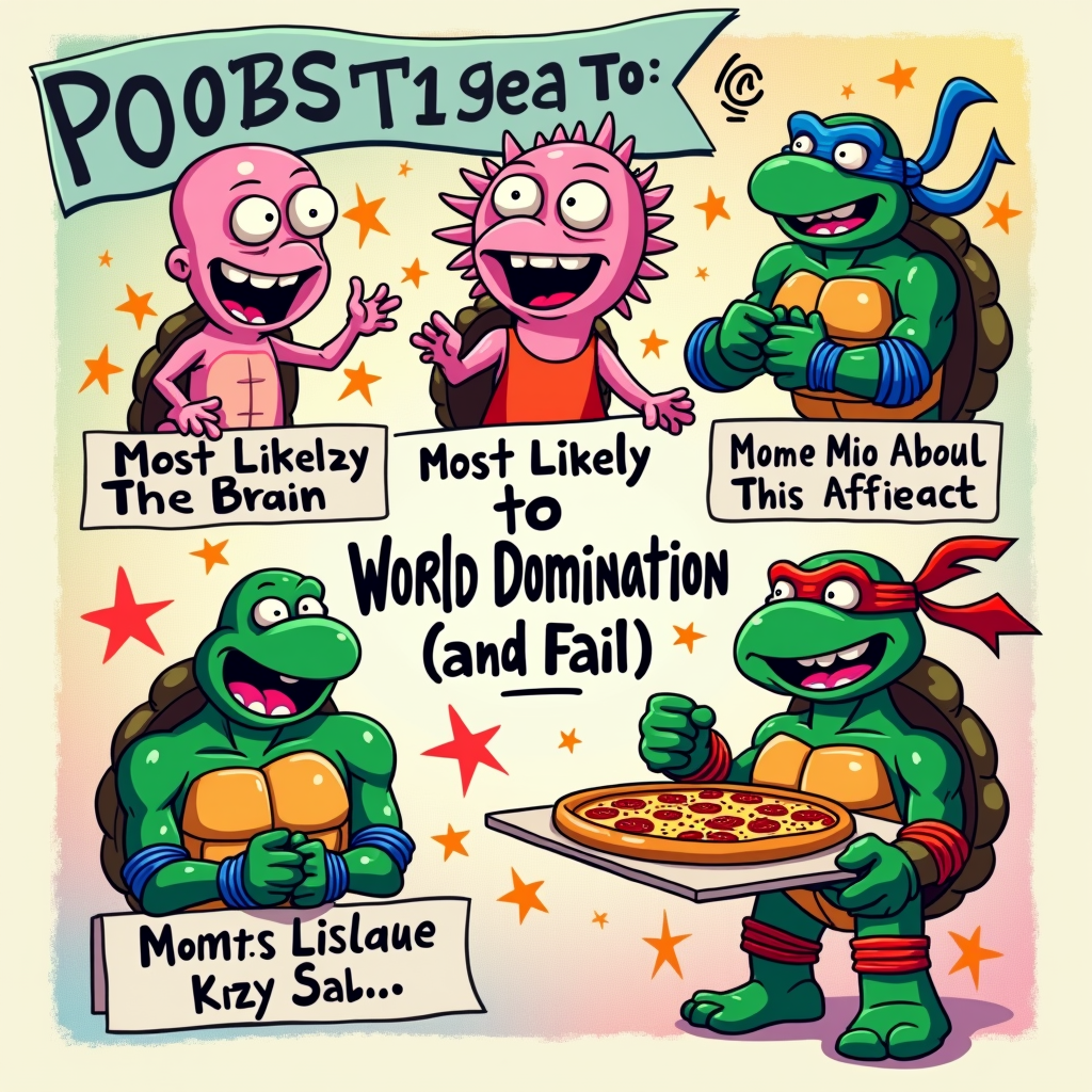 90s Cartoon Yearbook Superlatives: Design formatted like a high school yearbook page, featuring 90s cartoon characters with humorous 'Most Likely To...' awards. For example, Pinky and The Brain as 'Most Likely to Attempt World Domination (and Fail)' or a Ninja Turtle as 'Most Likely to Order Pizza'.
