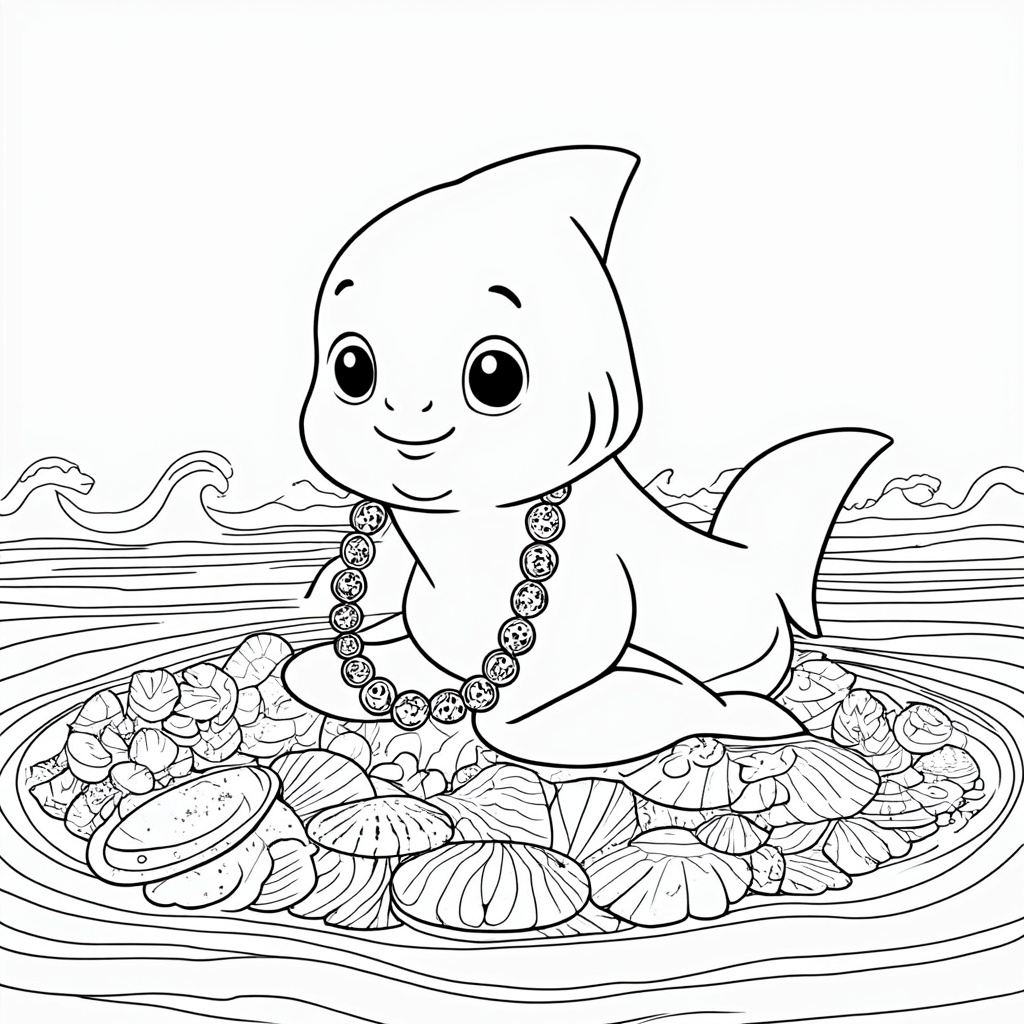 Thoughtful baby shark pondering a large collection of sea shells, deciding which makes the best necklace for its friend.