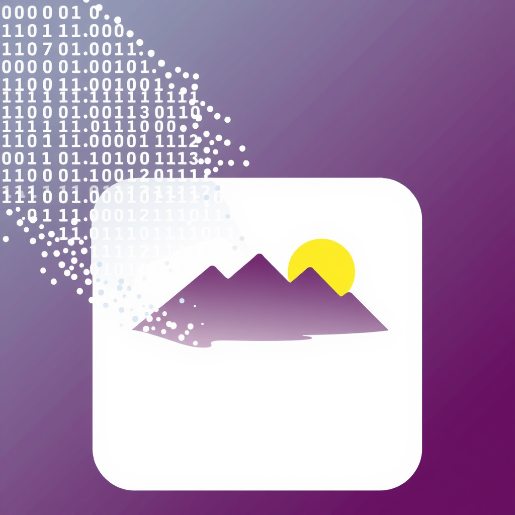 Sub-design 1 (Stream to Shape): A dynamic stream of stylized binary code (0s and 1s) or abstract particles that visibly coalesce and morph into a simple geometric representation of an image, like a landscape (mountains and sun) or a basic portrait outline.