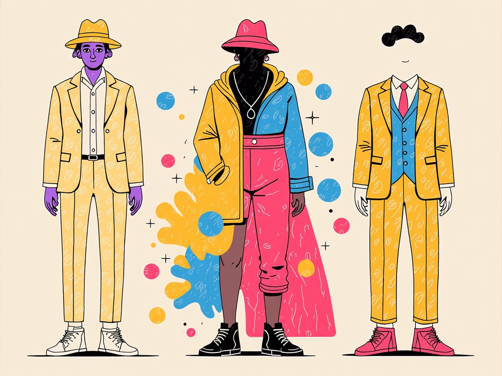 AI-generated abstract or surrealist art that deconstructs well-known historical movie costumes into their core visual components (color, texture, form) for an artistic and evocative reinterpretation rather than a literal one.