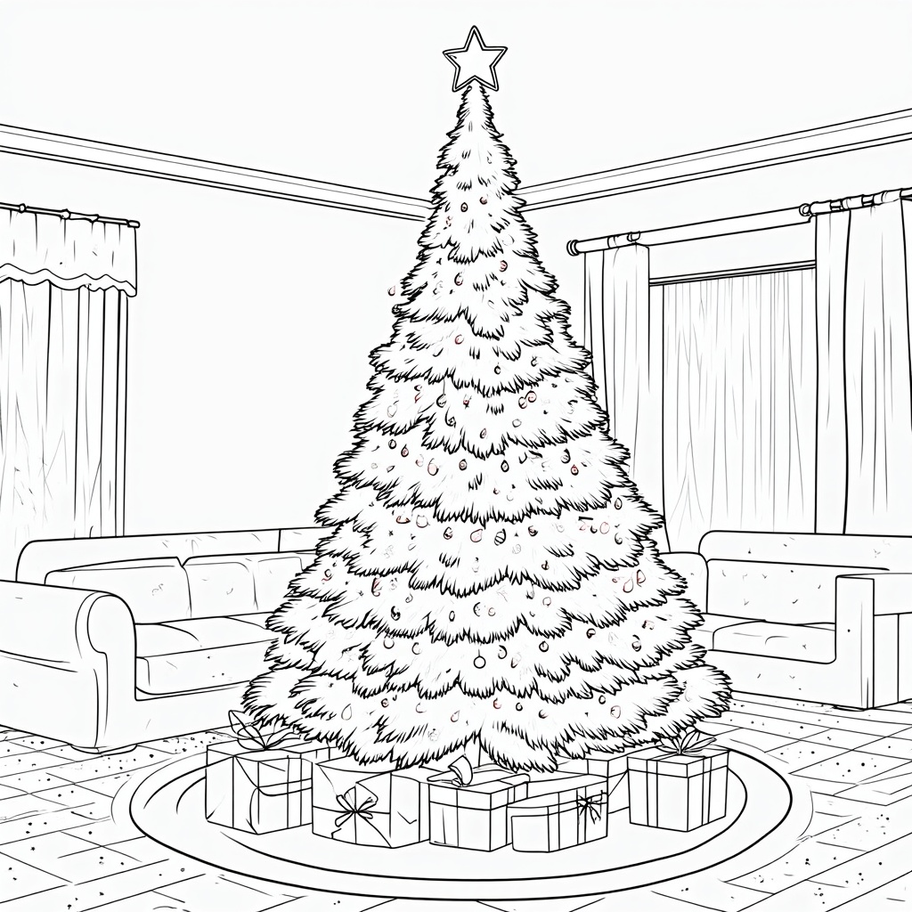 A decorated Christmas tree covered with ornaments, candy canes, tinsel, and a large star on top, with wrapped gifts underneath.