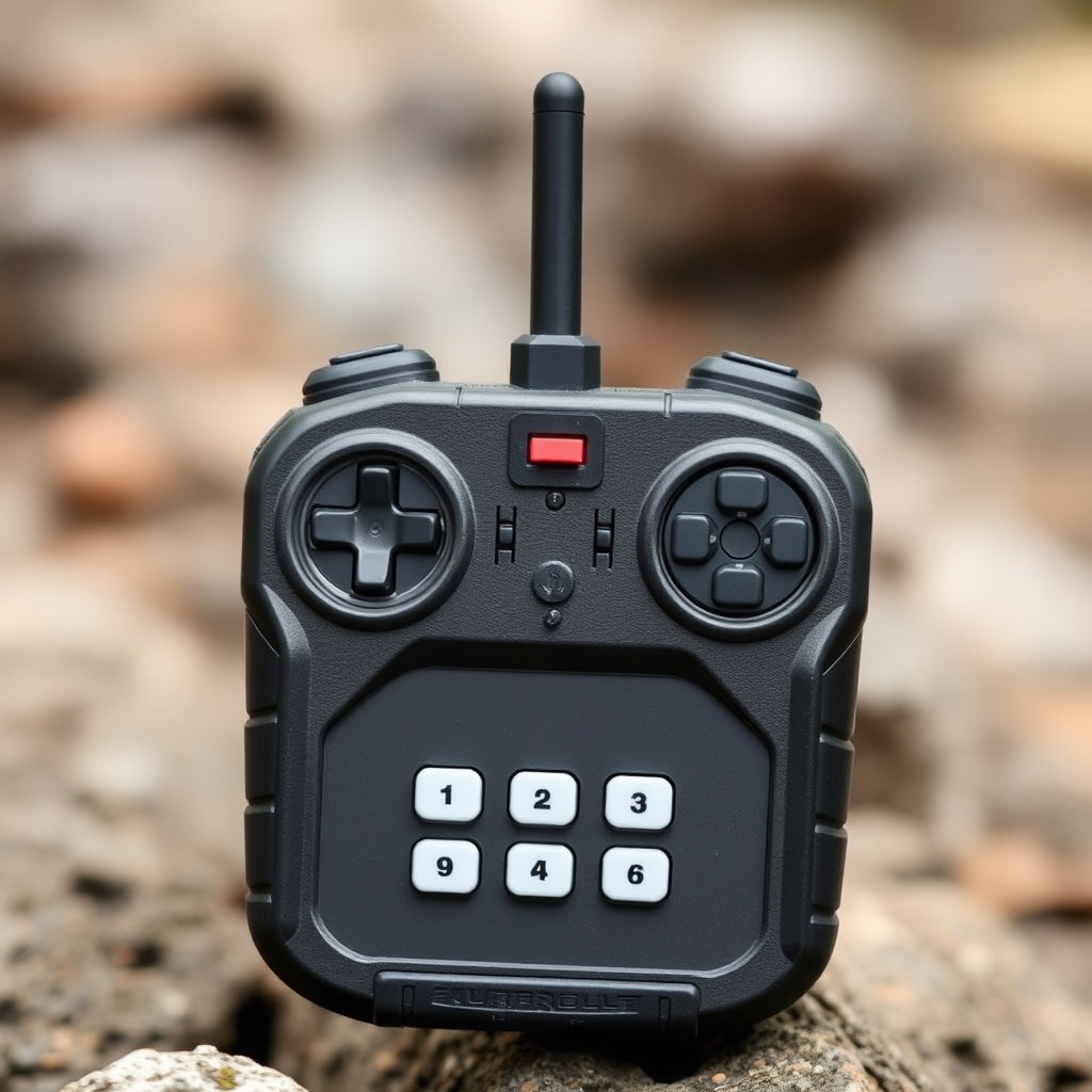 A remote control with a rugged, rubberized exterior, suggesting protection against impacts and water. Use a bold, clear button layout for easy outdoor use.