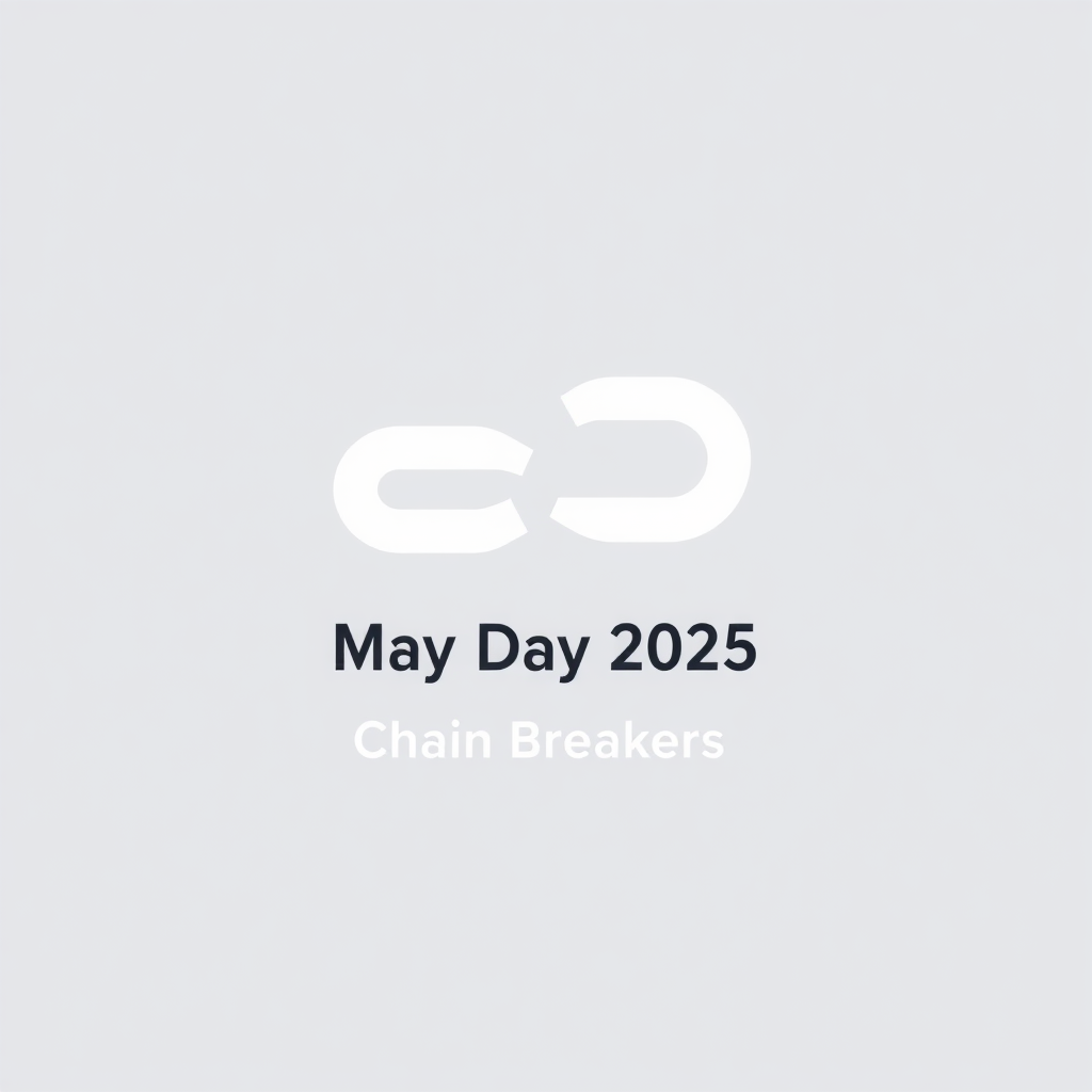 Simple Logo - Minimalist Fracture: A clean, minimalist logo depicting a single, stylized chain link cleanly fractured in its center. The text 'May Day 2025' is subtly integrated within or below the broken link, with 'Chain Breakers' as a clear identifier.