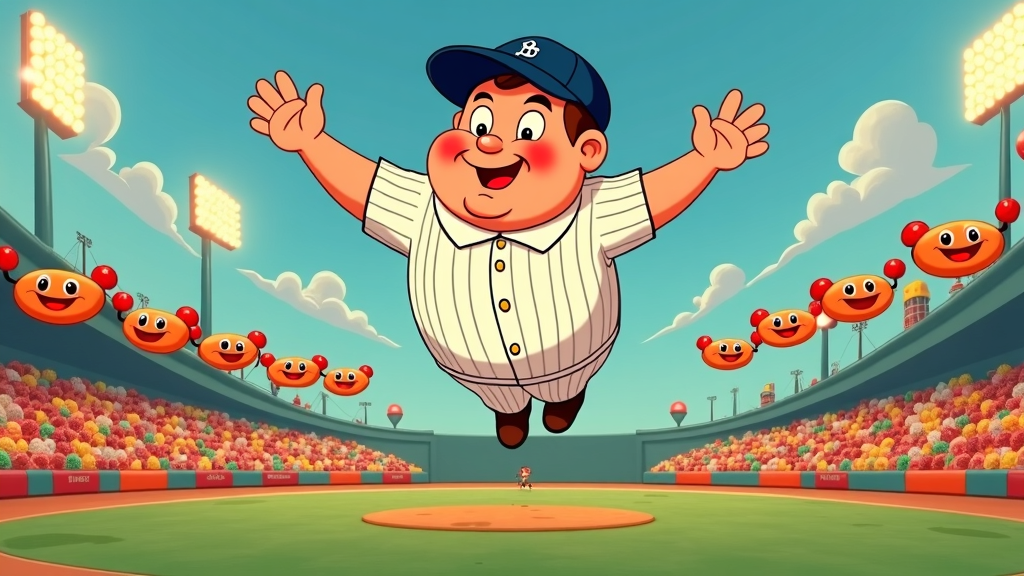 Babe's Hot Dog Dream Sequence: A whimsical cartoon depicting Babe Ruth in a dream where bases are giant hot dogs, the baseball field is made of condiments, or he's flying through the air carried by a flotilla of frankfurters.
