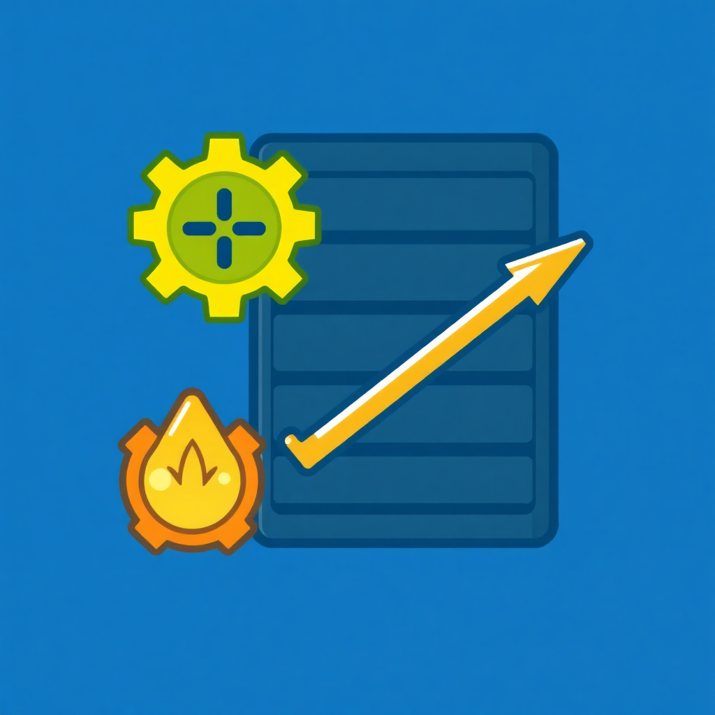 The image is a square graphic with a blue background. In the center, there is a yellow gear with a plus sign on it, representing a gear or a gearwheel. Next to the gear, there are two icons - one is a blue rectangle with a yellow arrow pointing upwards, and the other is an orange flame. The overall design is simple and cartoon-like.