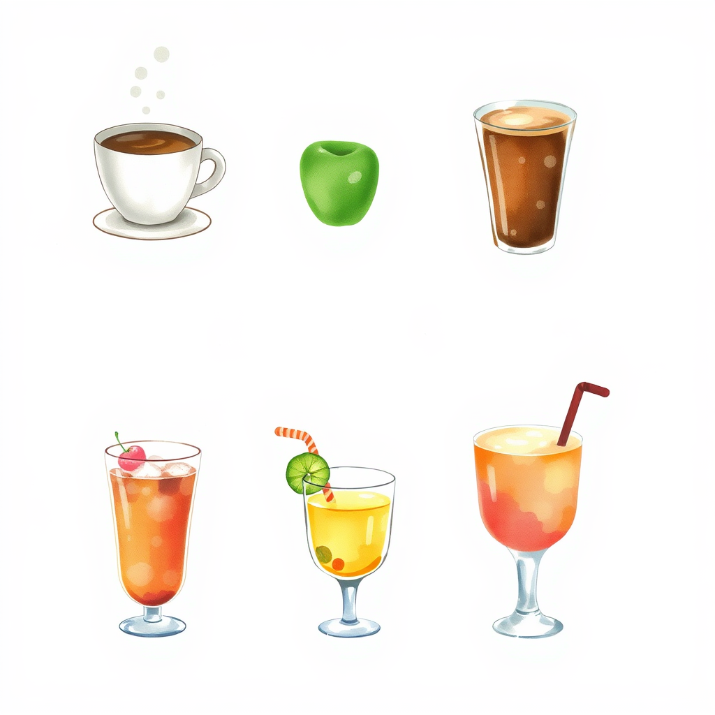 Sub Design Idea 1: A set of icons featuring diverse beverages (coffee, tea, juice, smoothie, soda) each rendered with a soft, blended watercolor texture and subtle splash effects, conveying a celebratory feel.