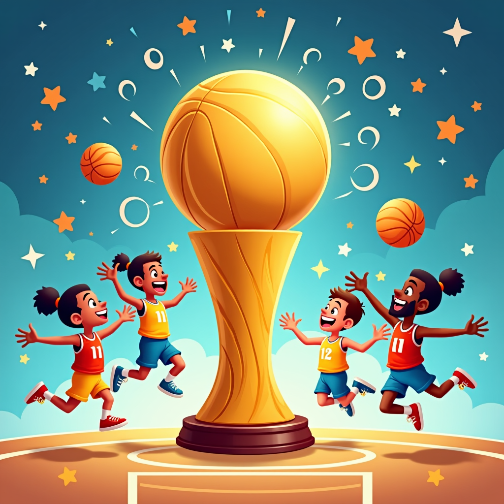 Doodle art of the NBA Championship Trophy, entangling the trophy with swirls, stars, and abstract figures. This lively drawing highlights the celebratory essence that the trophy embodies for basketball fans.