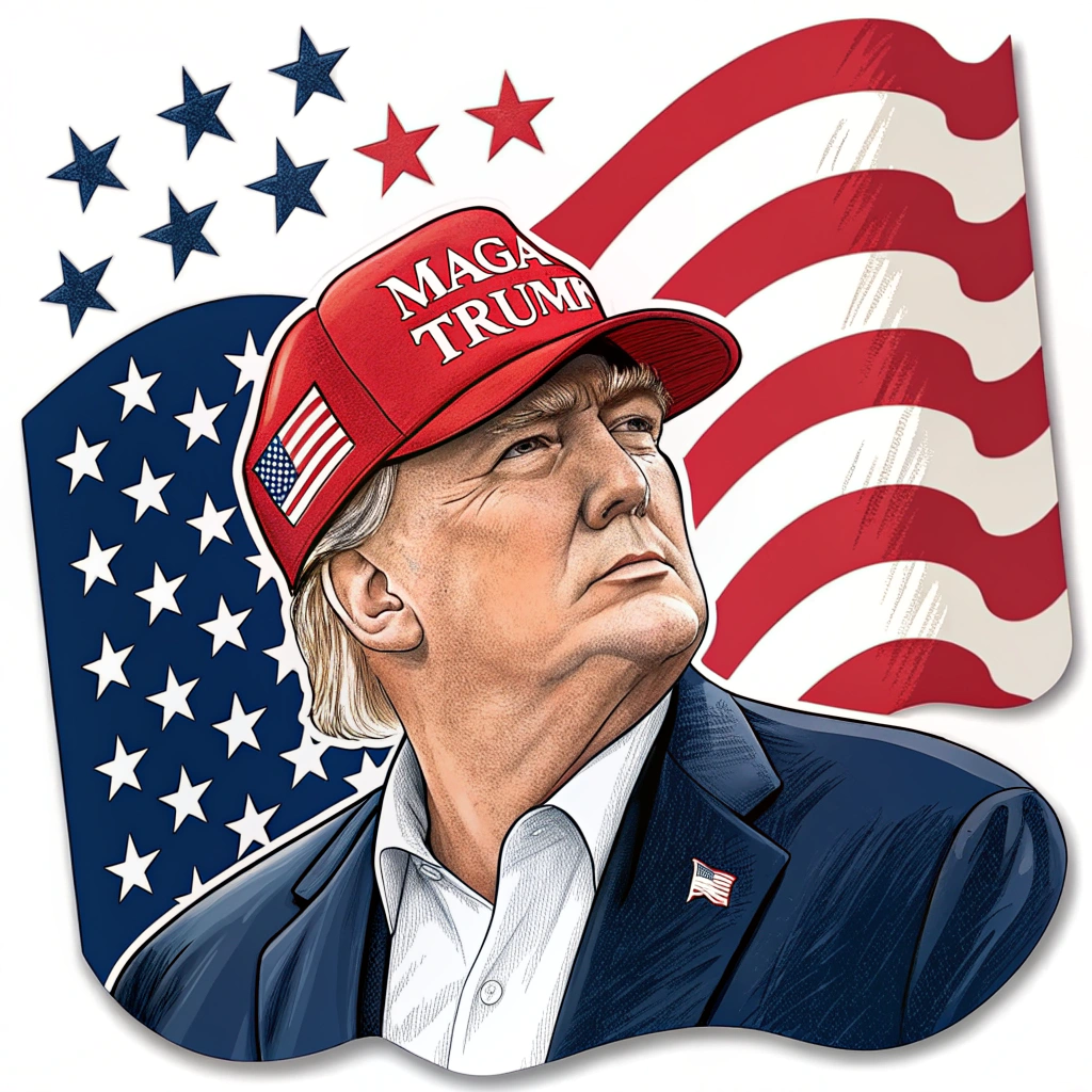 A sticker with a patriotic background featuring stars and stripes, and Trump wearing the MAGA hat in the foreground.