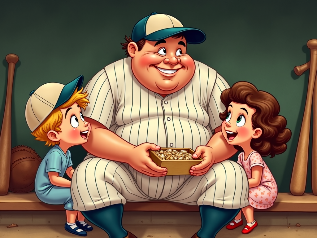 A heartwarming illustration of a cartoon Babe Ruth, slightly larger-than-life, sitting on a dugout bench sharing a box of Cracker Jack with a young boy and girl. Their faces are joyful and lit up, capturing a moment of simple childhood happiness shared with a hero.