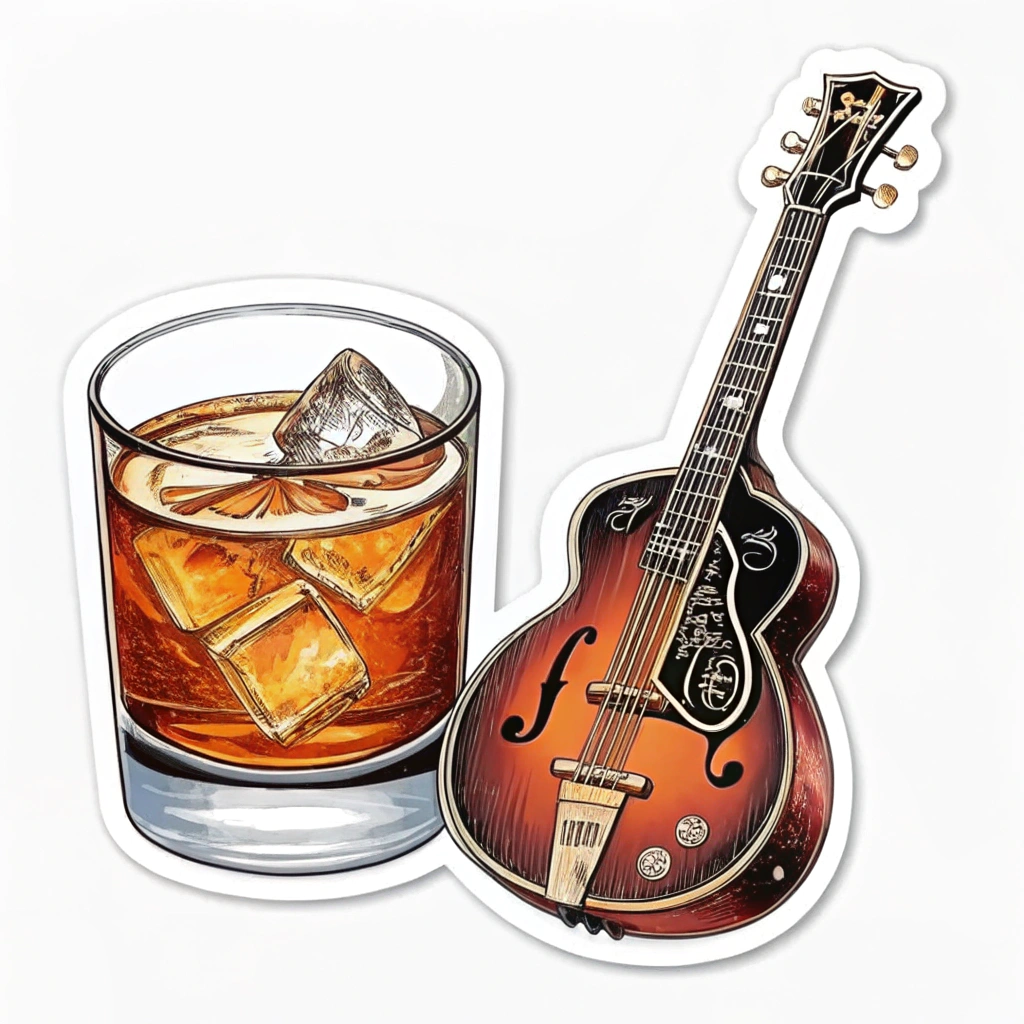 A split design sticker: one half showcasing a bourbon cocktail, the other half illustrating a bluegrass instrument like a mandolin or fiddle.