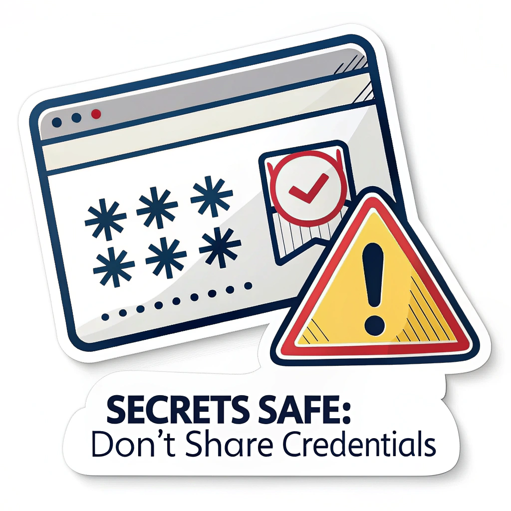 Sticker Design 5 (Password Field Alert): A visual of a computer password input field filled with asterisks, with a bright yellow or red alert icon (e.g., exclamation mark in a triangle) next to it. The phrase 'Secrets Safe: Don't Share Credentials' serves as the instructional caption.