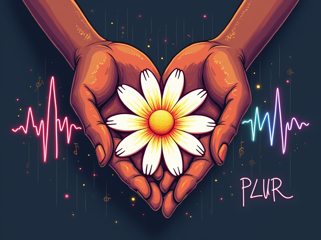 United by the Beat: A design showcasing diverse, stylized hands coming together to form a heart shape or reaching towards a central, glowing spectrum-colored daisy. A visible heartbeat line, also in spectrum colors, weaves through or around the hands, symbolizing connection through music. PLUR text integrated elegantly.